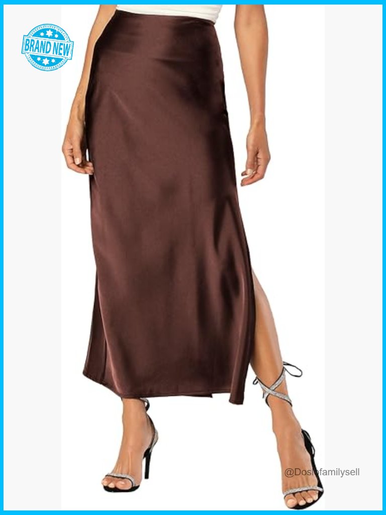 Satin Maxi Slit Skirt Elastic Waistband Flowy A-Line Solid Slip Skirt